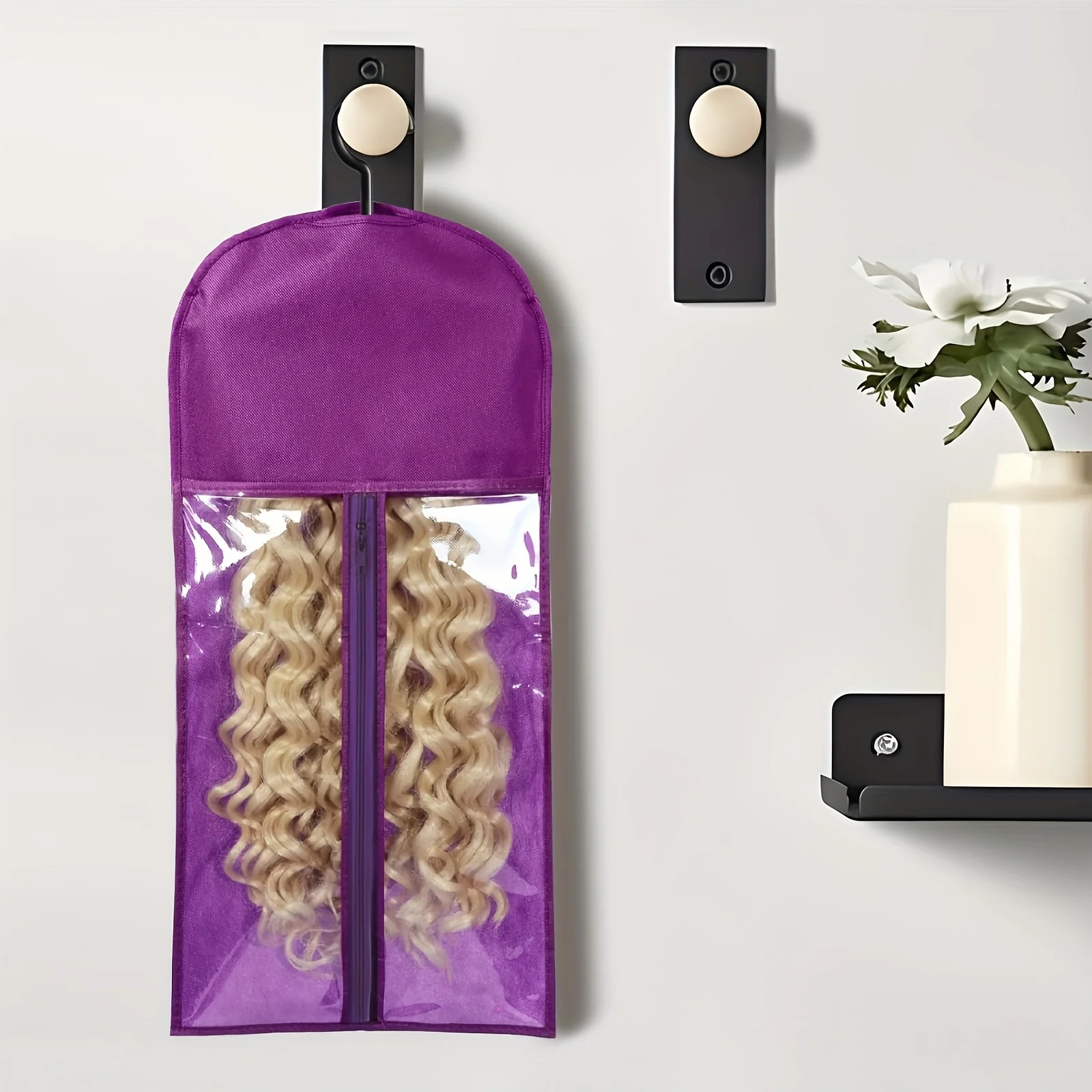 6pcs Long Hair Extensions Storage Bag Non-Woven Dust Proof Wigs Carrier Bags With Plastic Hanger For Home Salon Organizer view 2