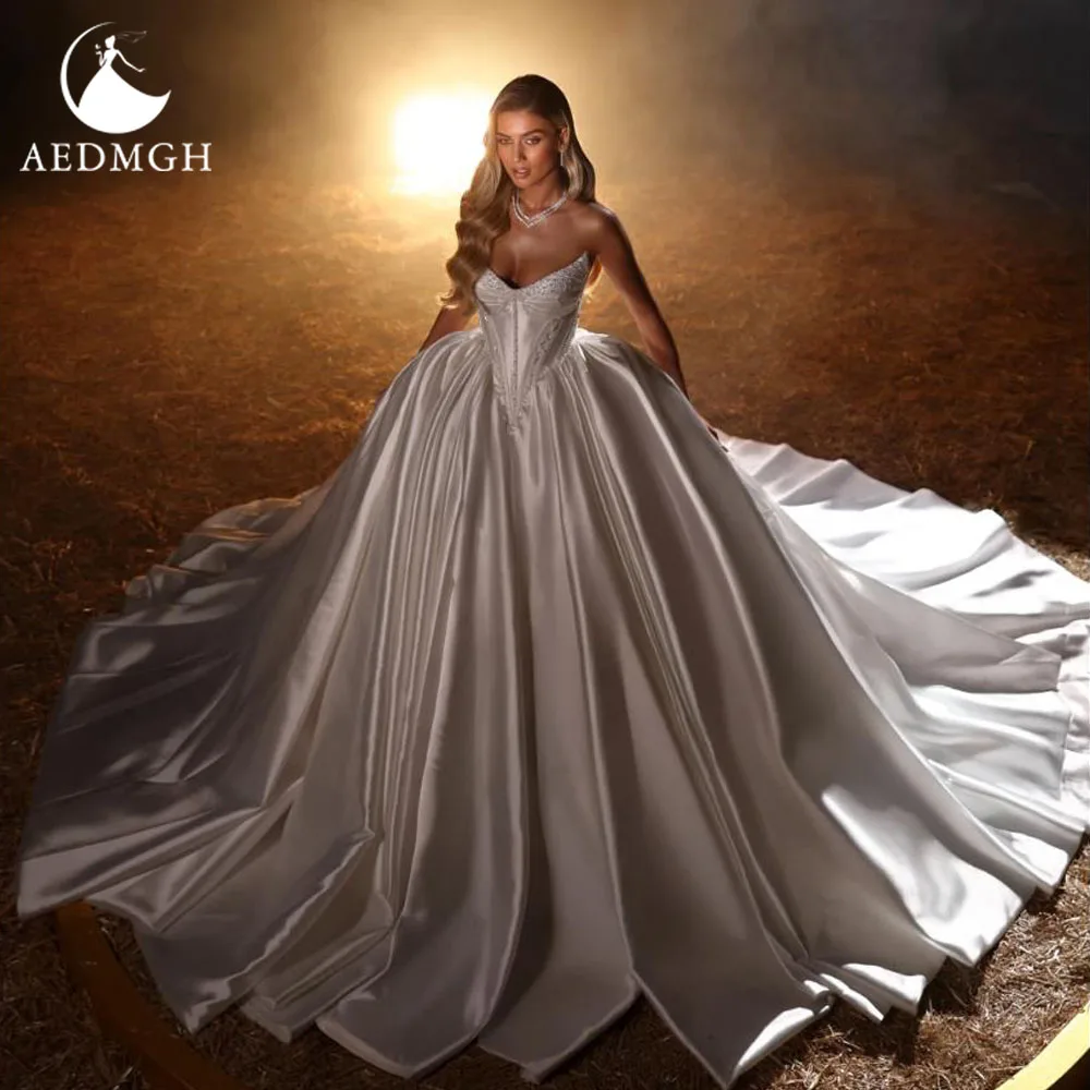 Aedmgh A-Line Elegant Wedding Dresses Strapless Vintage Vestido De Novia Lace Beaded Matte Satin Custom Made Bridal Gown
