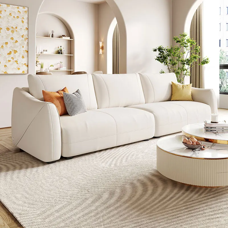 Fabric sofa, modern simple small apartment, living room combination, three-seater cream wind straight row Internet celebrity tec