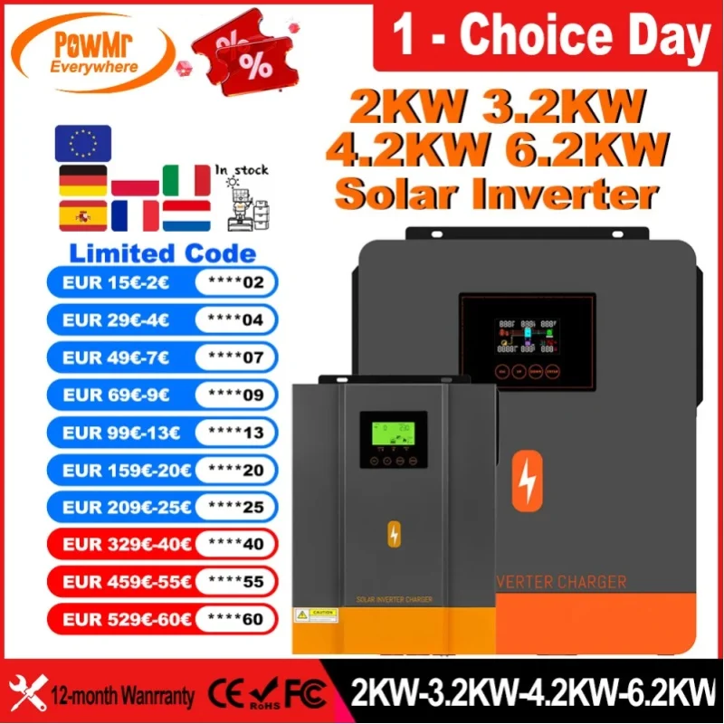 PowMr 6,2KW/4,2KW/3,2KW/2KW/2KW Hybrid-Solarwechselrichter 48V 24V 12V 220VAC Photovoltaik Reine Sinuswelle MPPT 120A 80A Solarregler