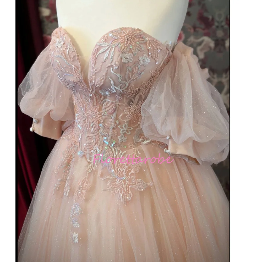 

Shiny Pink Prom Dress Ball Gowns Applique Lace Beads Tulle Off Shoulder Lace-Up Princess Evening Dresses Customized