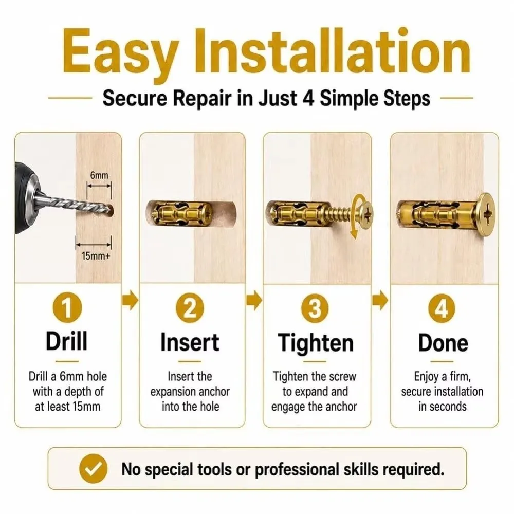 30/60/100Sets Metal Hinge Repair Screws Short Screws Wall Mounting Expansion Anchors 6 x 14mm Stripped Thread Restoration
