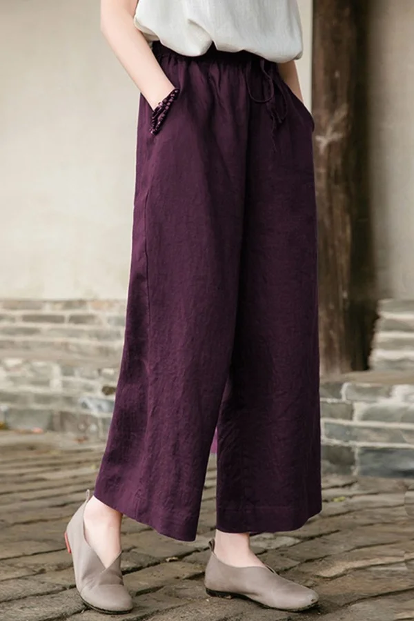 Letnie, luźne, lniane spodnie vintage z wysokim stanem