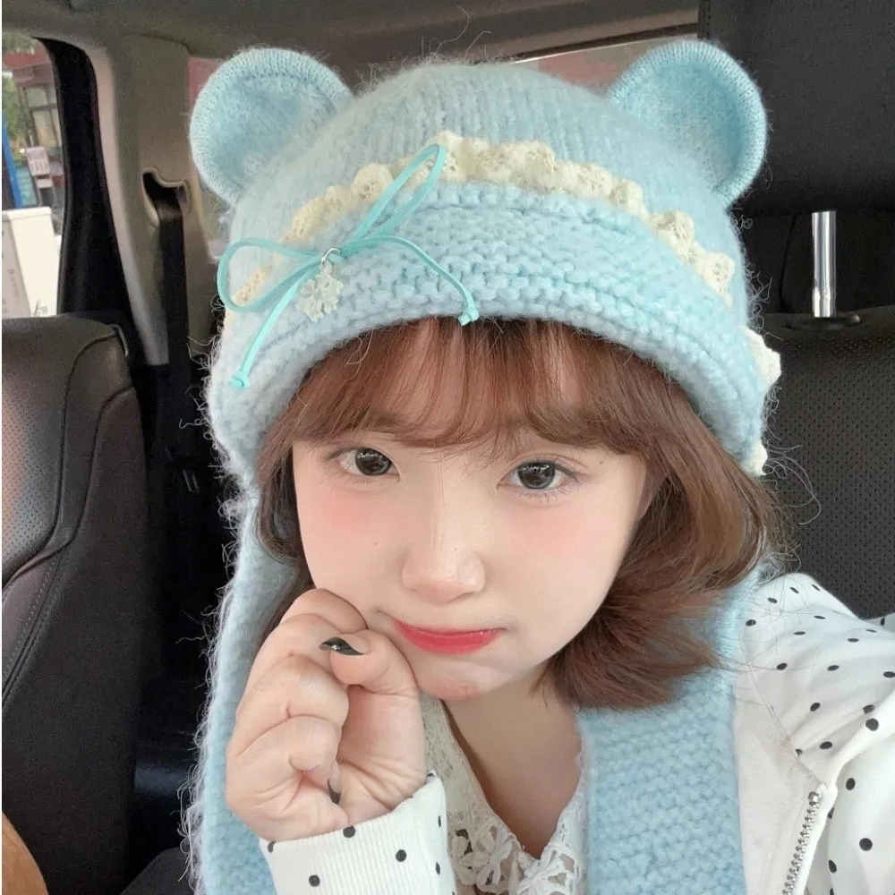 

Cute Sweet Bear Ear Knitted Hat Bow Keep Warm Neck Collar Beanies Cap Woolen Ear Protection Pullover Cap Autumn