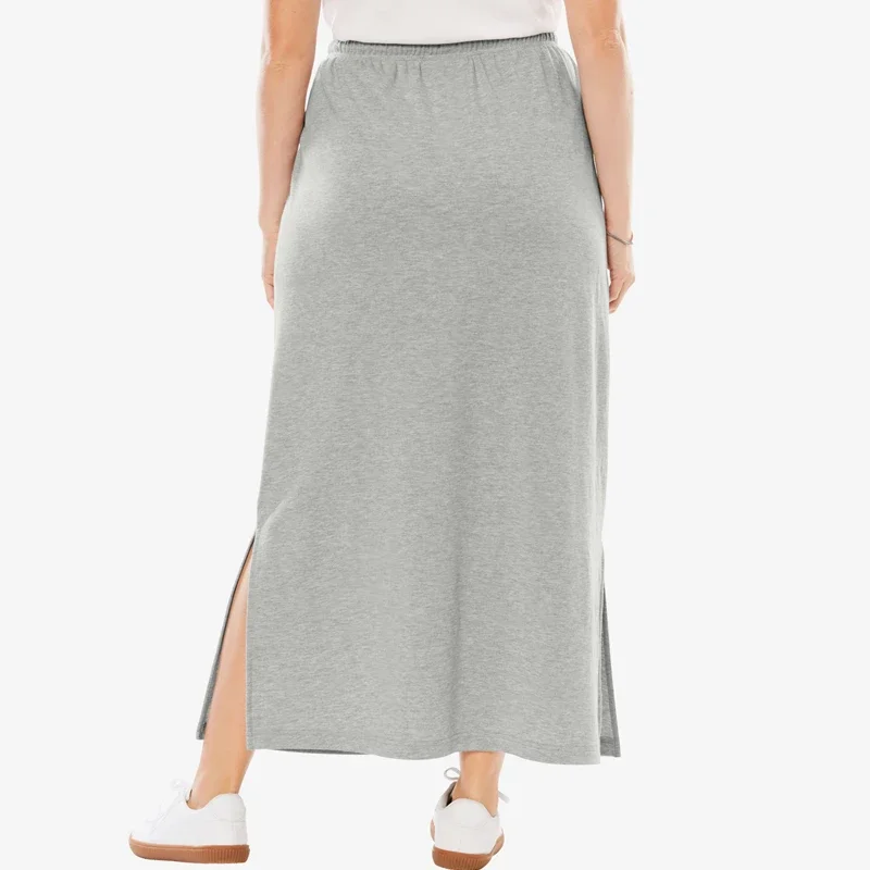 Plus Size Drawstring Waist Long Summer Spring Knot Skirt Elastic Waist Pocket Slits Ankle Length Casual Gray Sport Skirt 7XL 8XL