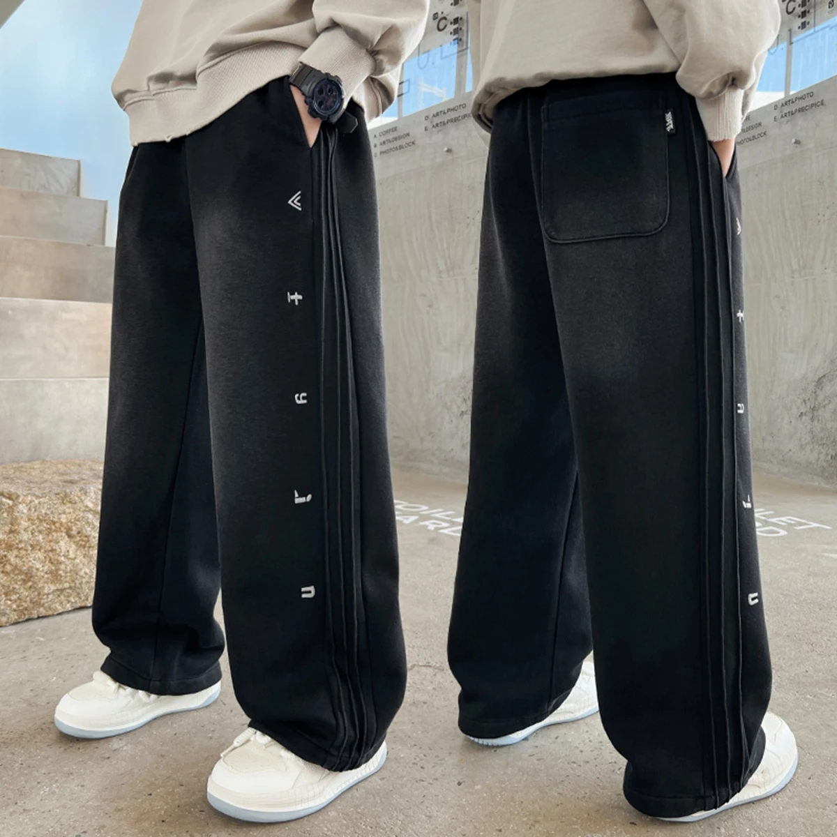 Teenager Boys Wide Leg Korean Fashion Pants Autumn Letter Loose Casual Straight Trousers Sporty Kids Neutral Fashion 4-146Years