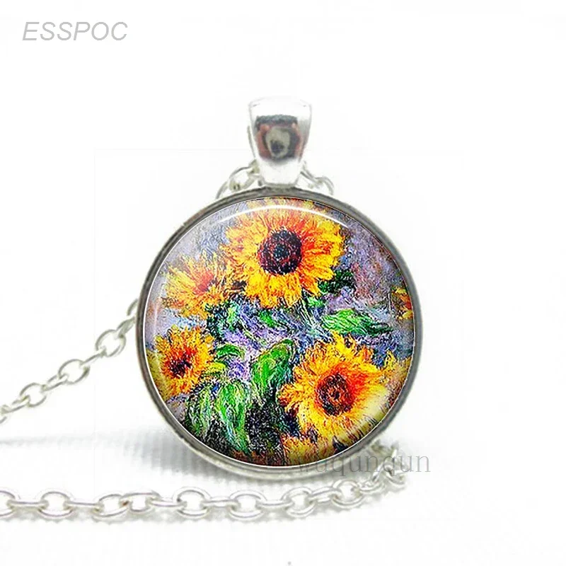 Van Gogh Starry Night Sky Necklace Art Glass Dome Jewelry Monet Klimt\'s Paintings Pendant Fashion Women Lover Gift Dropshipping