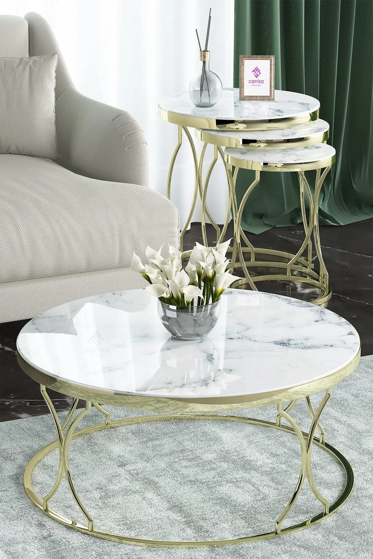 Canisa Leyla Series Tempered Glass pcs set Zigon Coffee Table Set And Medium Coffee Table/White Marble Pattern-Gold