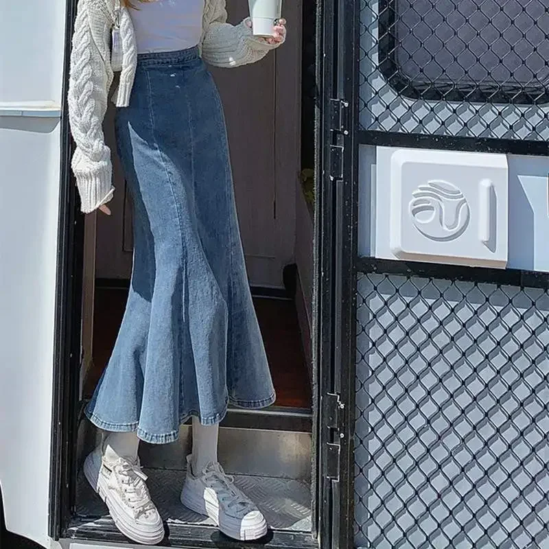 2024 Women Skirt Spring and Autumn New High Waist Stretch Fishtail Skirt Casual Versatile Ruffles Denim Skirts Female