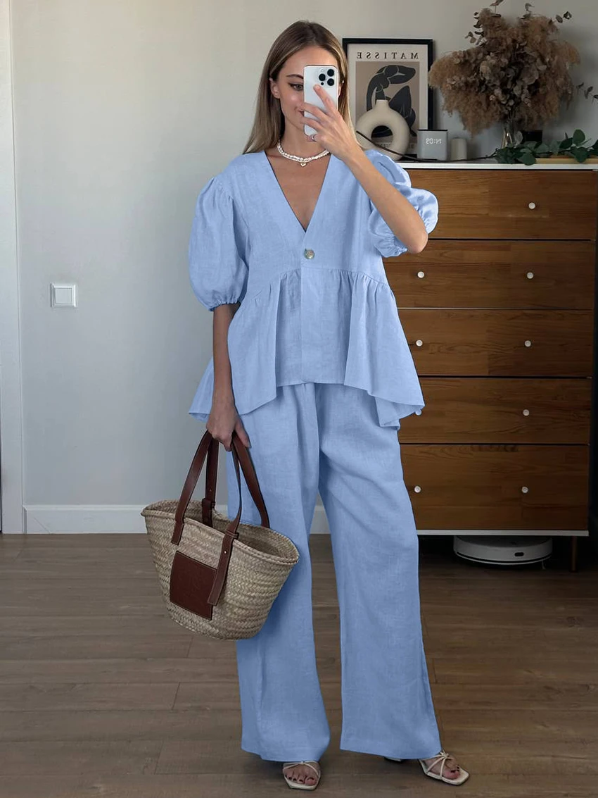 

Marthaqiqi Home Clothes Female Sexy V-Neck Sleepwear Short Sleeve Nightgowns Wide Leg Pants Loose Women'S Nightwear 2 Piece Set