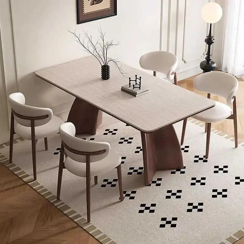 Solid wood travertine rock slab dining table Household rectangular medieval dining table