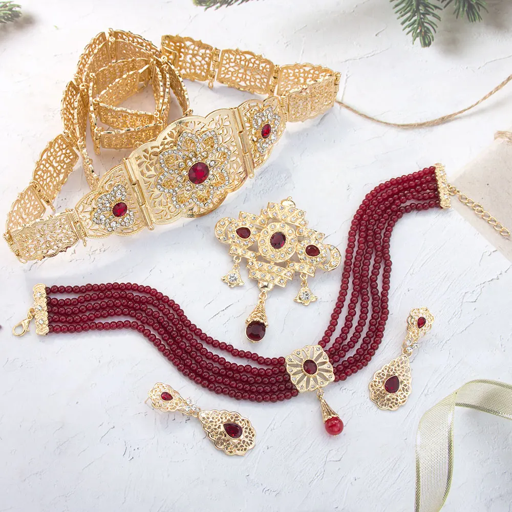 Sunspicems Elegent Moroccan Belt Sets Algeria Bridal Wedding Bijoux Hand Beads Chain Waist Belt Brooch Earring Arabic jewelry