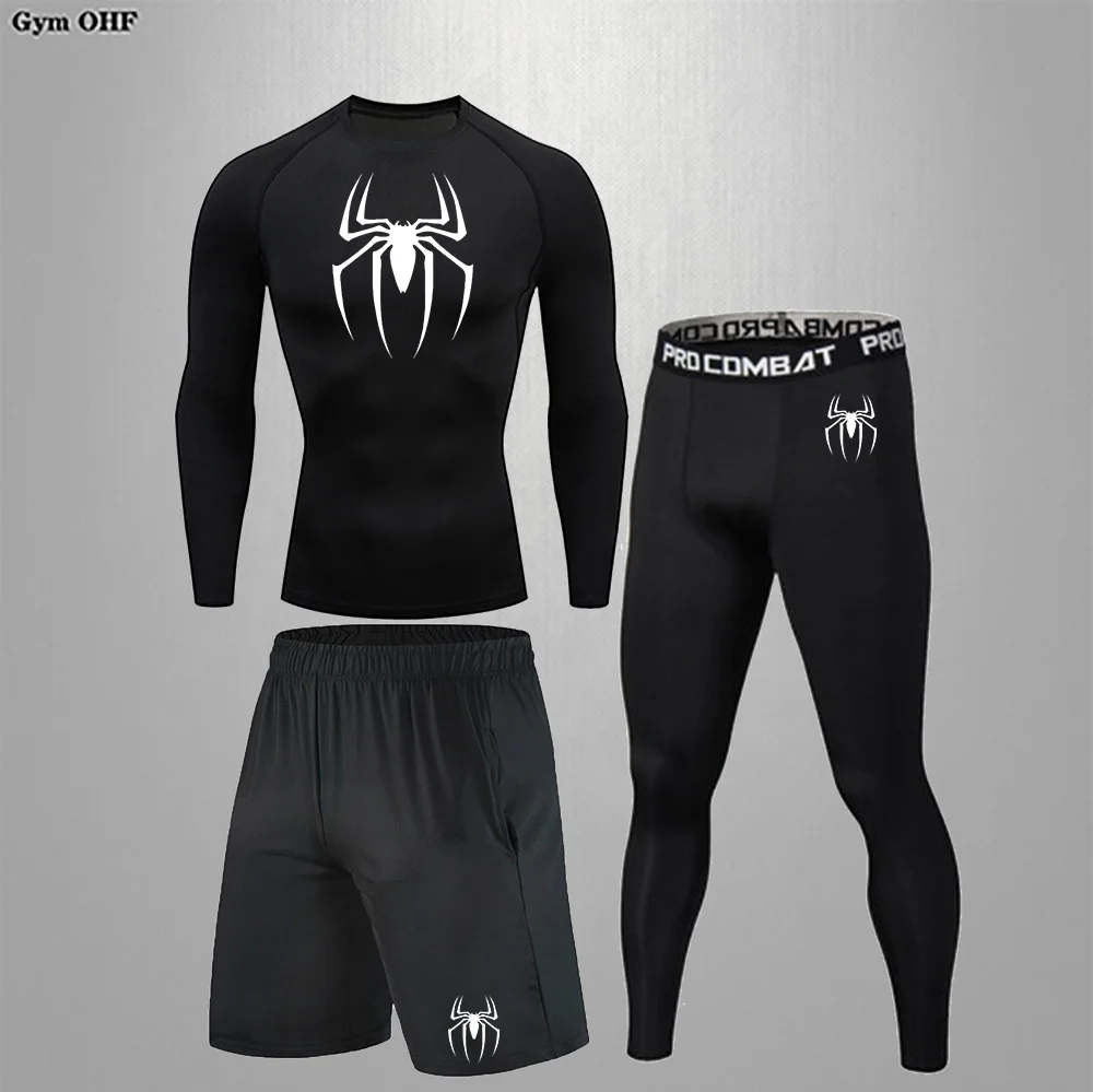 Spider Print Compression Set for Men 3 Pieces Athletic Active Workout Fitness Suit Undershirts Leggings Pants Shorts