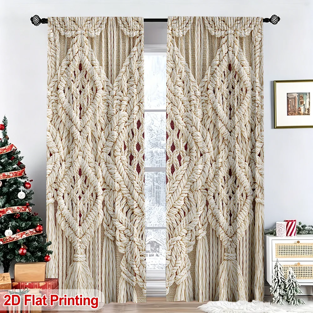 2PCS Digital Print Curtains, Bohemian White Macrame Woven Diamond Tassel Pattern, Ethnic Handcraft Style for Living Room ／ Boho