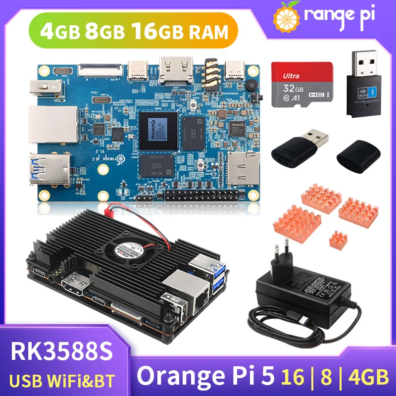 Orange Pi 5 4 / 6 / 16GB RAM RK3588S 8-Core 64-Bit Gigabit Ethernet PCIE Module External WiFi+BT SSD Run Android Debian OS