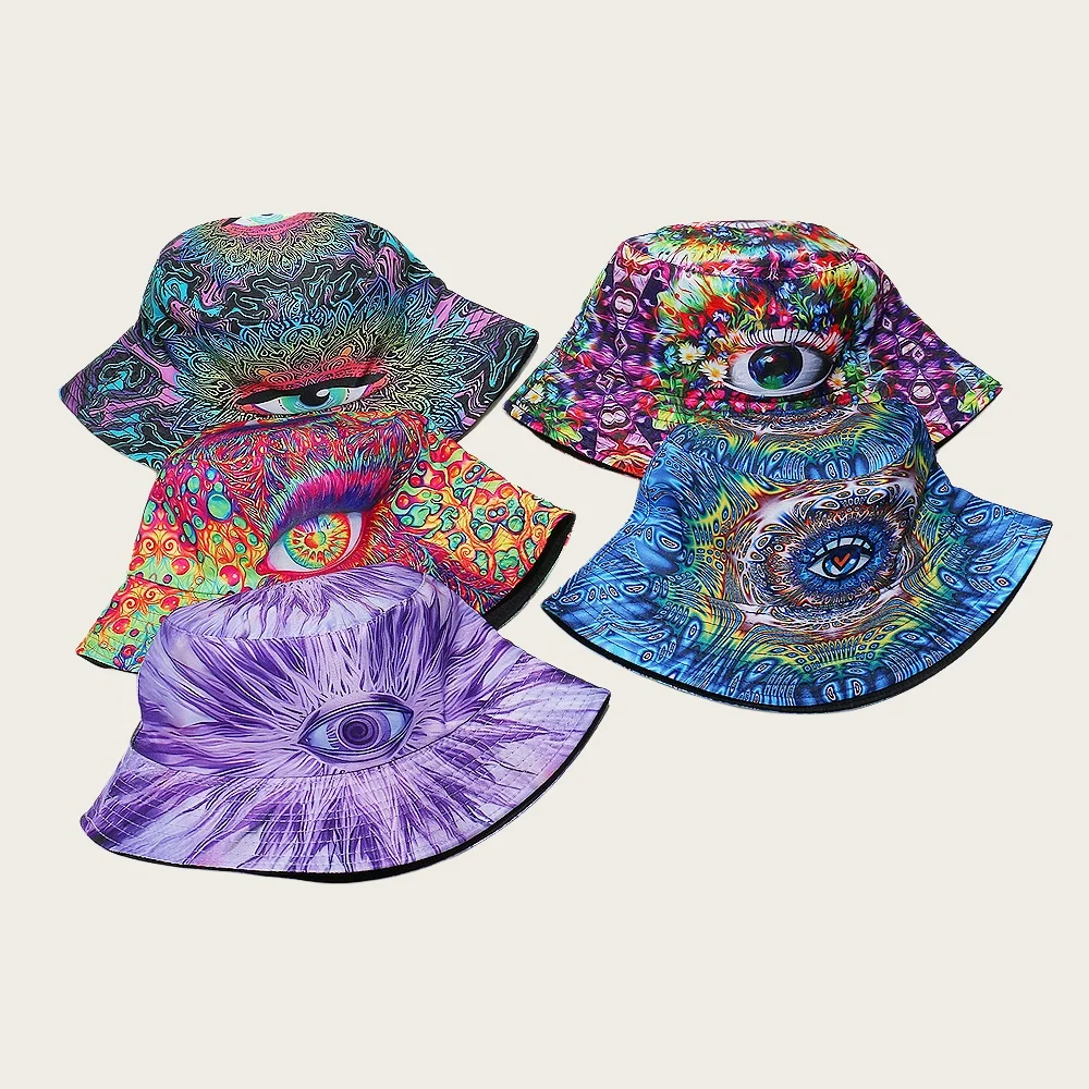 Psychedelic All Seeing Eye Print Bucket Hat Trippy Mandala Floral Eye Fisherman Hat Foldable Wide Brim UV Sun Protection