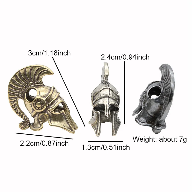 Brass Spartan Helmet Paracord Rope Beads Pendant Outdoor EDC Tool Flashlight Lanyard Hanging Jewelry DIY Bracelet Bead Accessory
