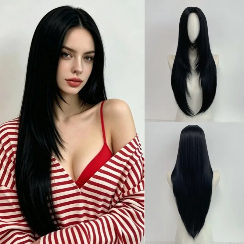 Black Medium-Parted Long Straight Hair Women'S Wig Outdoor Party Travel Daily Wear Simulation Head-Mounted Synthetic Wig