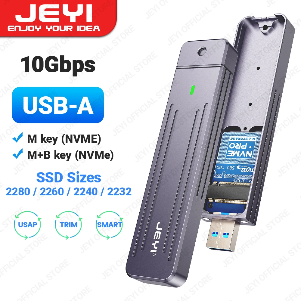 JEYI bezpośrednio mocowana obudowa M.2 NVMe, USB-A wtyczka USB 3.2 10Gbps aluminiowa rzędowa 2242 2280 obudowa na SSD z magnesem etui ochronne