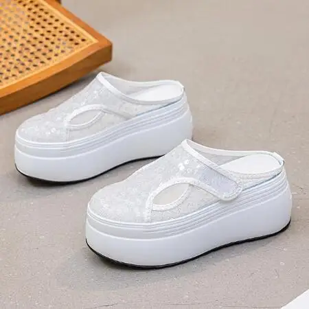 Glittering Mesh Slip-On Chunky Heel Simplistic Half-Sole No-Back Summer 2026 New Style Women's Shoes Magic Tape Fashion Slippers