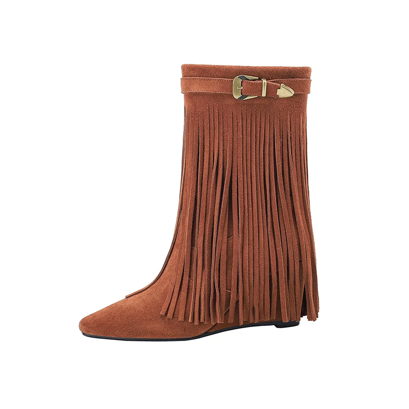 British Retro Fringed Belt Buckle Western Boots Pointed Toe Heel Raised Zipper Knight Boots Sexy Women's Boots Medium Boots