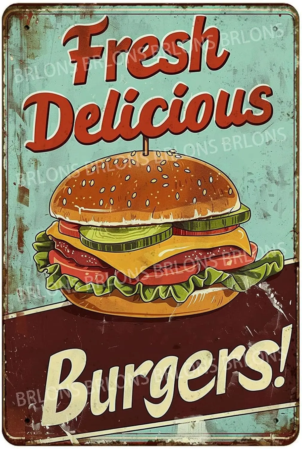 1p,Metal Tin Sign Fresh Delicious Burgers Metal Sign Alumium Sign Vintage Sign Retro Sign for Home Bar Office Outdoor Wall Decor