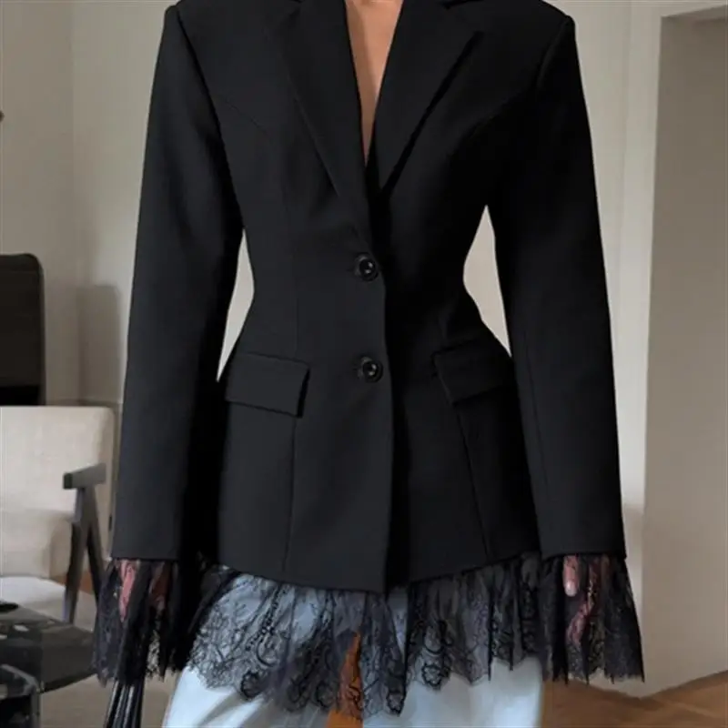 Elegant Black Women's Long Sleeve Lace Splice Suit Jacket Autumn Versatile Waist-Cinching Design Breathable Polyester Fiber