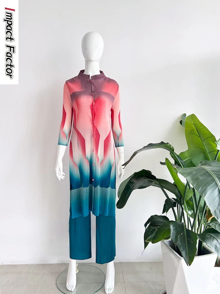

Женское платье с градиентным принтом Miyake, свободное платье с воротником-стойкой и пуговицами, удлиненные брюки с длинным рукавом, женская одежда из двух предметов, лето 2024