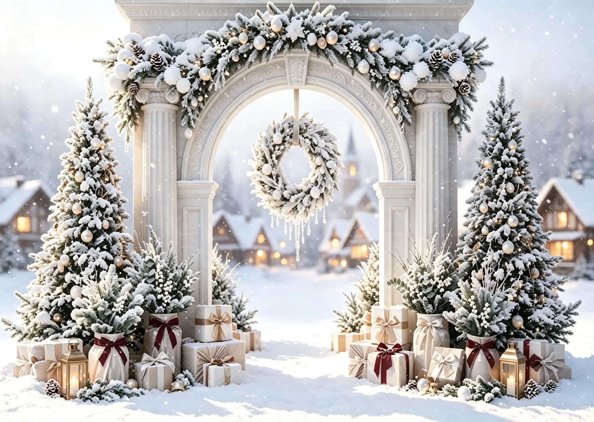 Rustic White Outdoor Xmas Photo Background Roman Column Arch Snow Covered Ground Wreath Warm Lanterns Village Scene