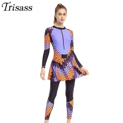 Trisass 2022 New Women Plus Size One Piece Skirt Swimsuit Sport Swimwear Long Sleeve Bodysuit Long Pants Surf Suit with Zipper