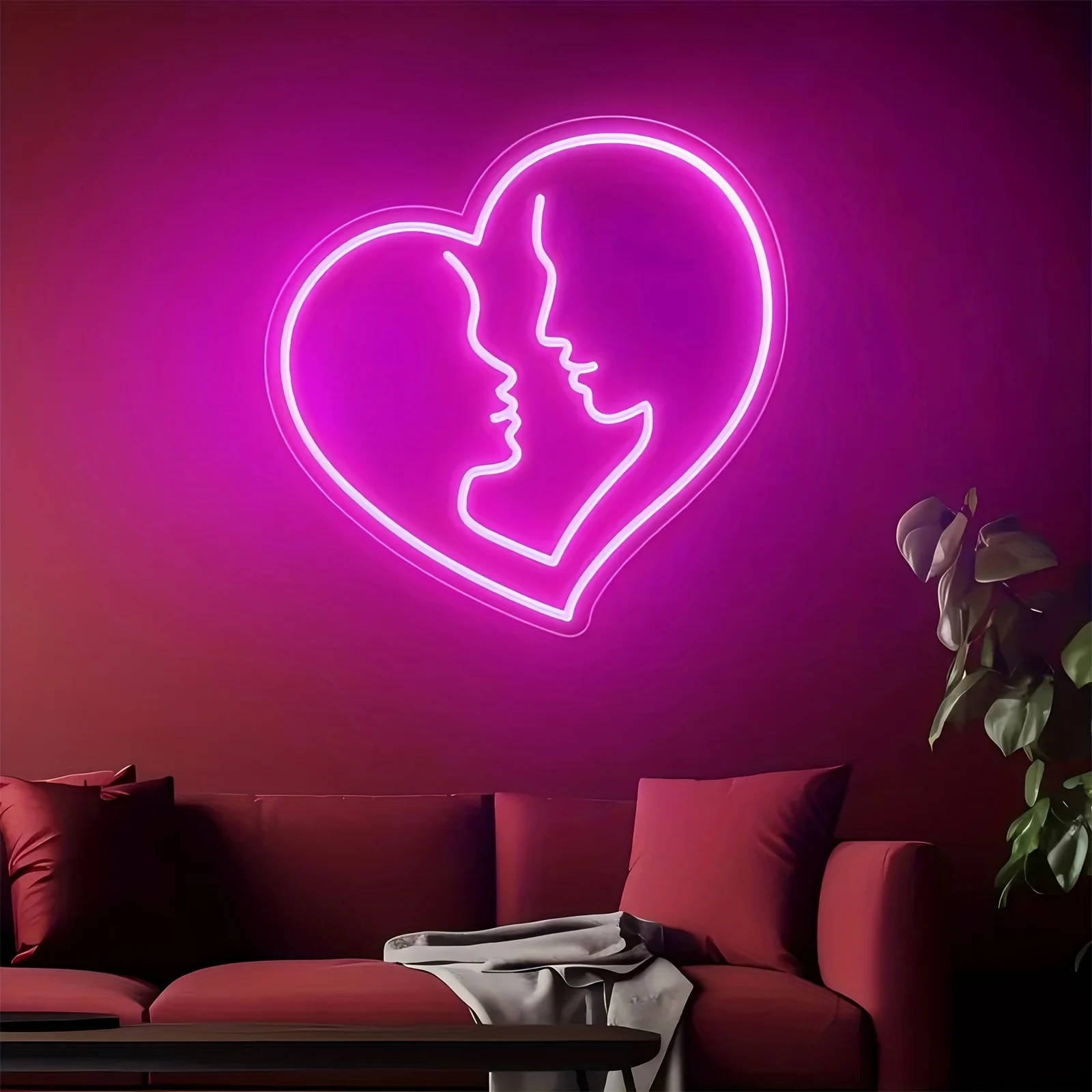 Dekorasi Dinding Neon Hati Lampu Malam LED Kiss Dapat Diredupkan untuk Dekorasi Ruang Tamu Pesta Kamar Tidur Hadiah Valentine Bertenaga USB untuk Pasangan