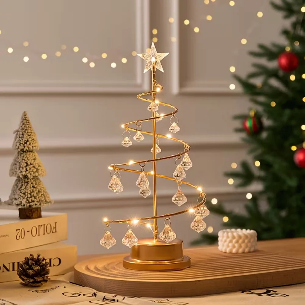 Christmas Tree Copper Wire LED Night Light Crystal Pendant Fairy Lights Battery Powered Lamp for Bedroom Home Holiday Decor