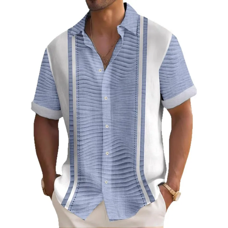 الرجال الرجعية بسيطة مخطط المتناقضة اللون ثلاثية الأبعاد قميص مطبوع قصيرة الأكمام التلبيب الأساسية هاواي شاطئ عطلة قميص حفلة #6
