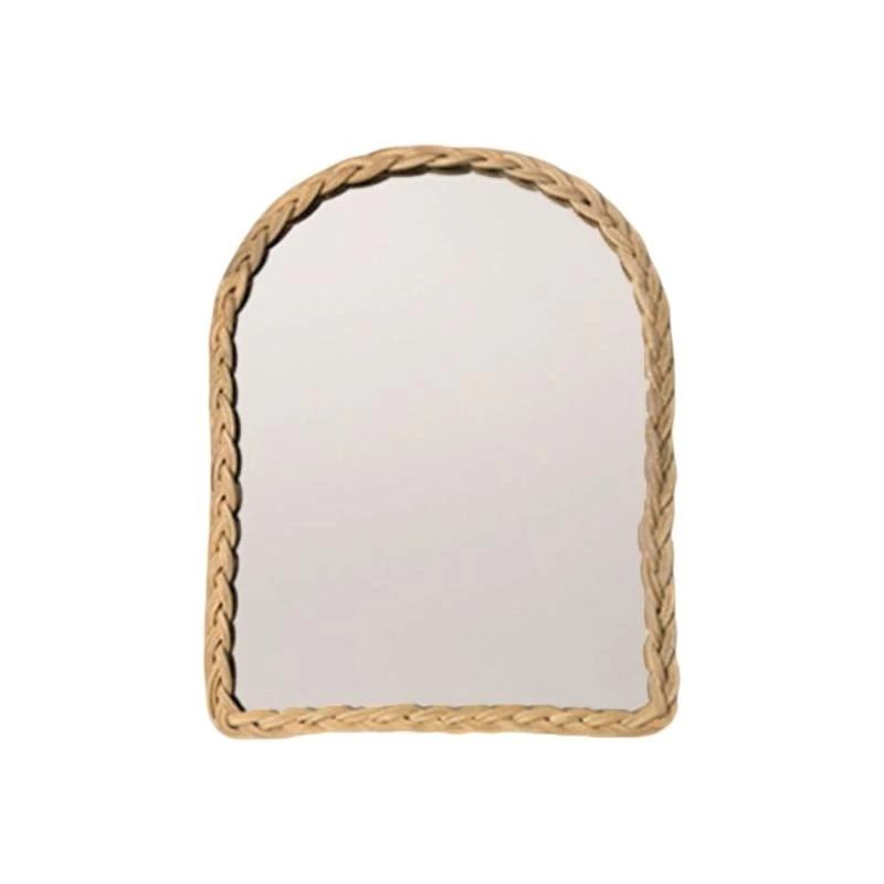 Woven Faux Rattan Wall Mirror Handmade Arched Hanging Mirror with Wood Frame for Farmhouses Living Room Bedroom
