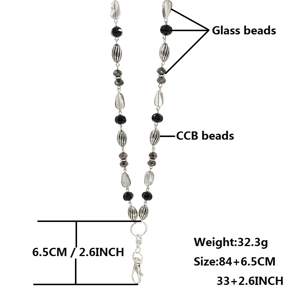 Black Glass Beads Badge Lanyard Chain Necklace ID Holder Badge Clip Necklace for Women Teachers Keychain Holder Keyholder