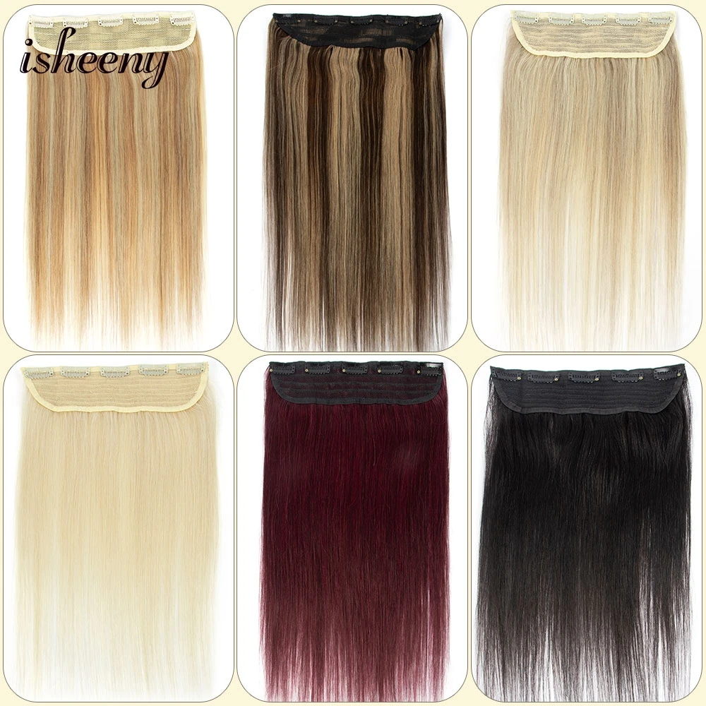 مشبك من قطعة واحدة من Isheeny في الشعر البشري 14-22 بوصة خفيف الوزن ومشبك طبيعي حقيقي في وصلات الشعر الخياطة في اللحمة مع مشابك على #4