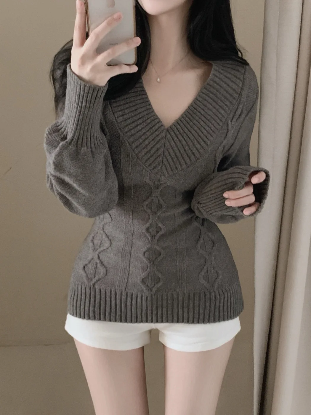Chic Long Sve Knitted Sweater Women's Slim Fit V-Ne Knitwear Outerwear Sli Thiened Waist-Cinching Soft Sle