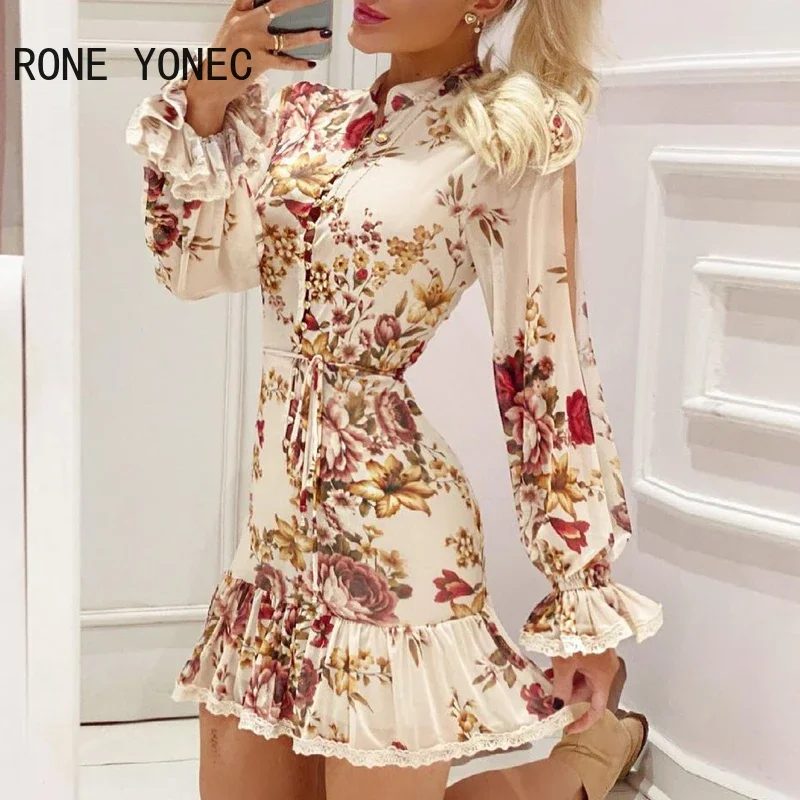 Women Casual waistband Lattern sleeves All Over Print  Floral Folds Lace Mini Dress