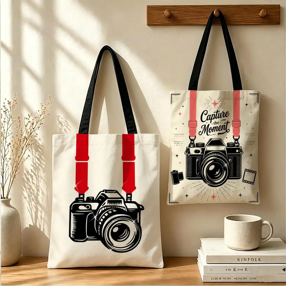 Stylish Camera Storage Bags Double-Sided Printed Canvas Tote Bag Eco-Friendly Reusable Large Capacity Handbag