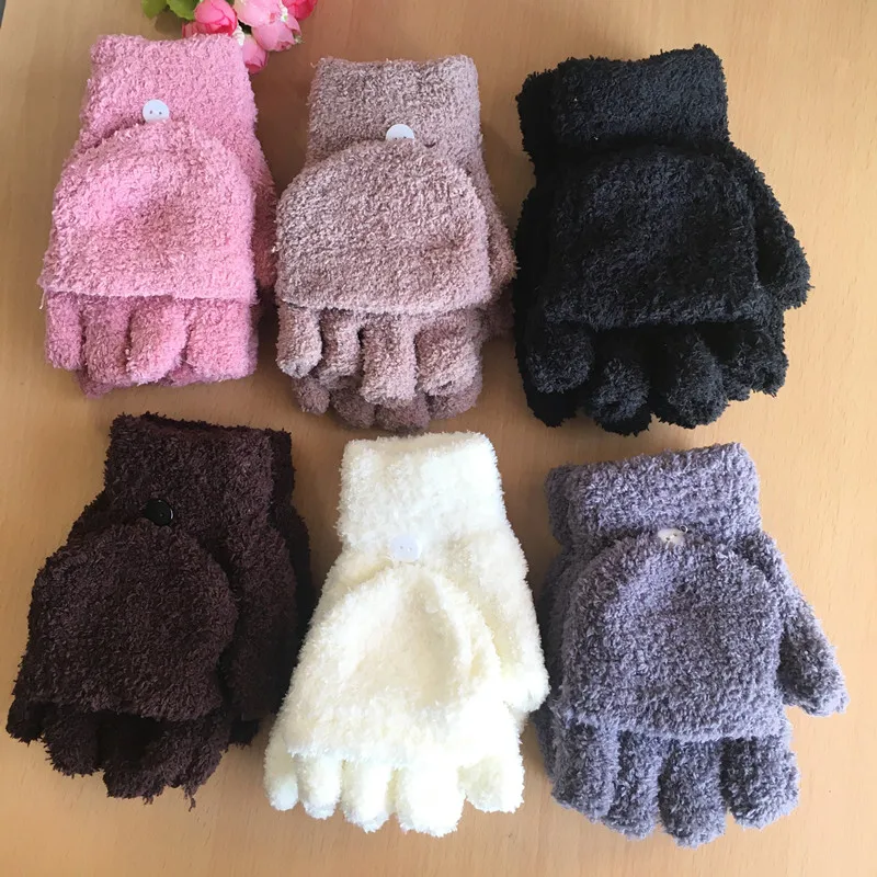 Winter Warm Women\'s Gloves Soft Coral Fleece Flip Cover Cycling Half Finger Gloves Unisex Men Women Warmer Mittens Thicknen