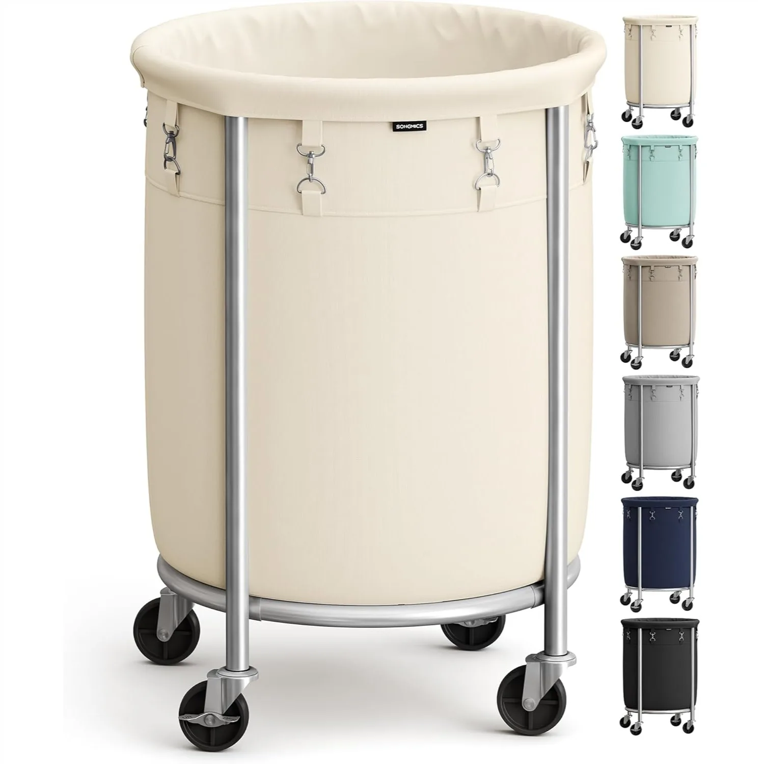 29-Gallon Laundry Basket with Wheels, Rolling Heavy-Duty Hamper Cart with Steel Frame, Cream White
