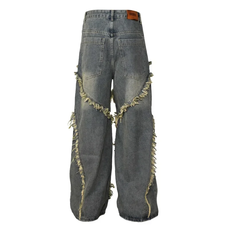 High Street American Washed Distressed Spliced Cat Whisker Jeans for Both Men and Women, Loose Wide Leg Straight Leg Long Pants - Image 6