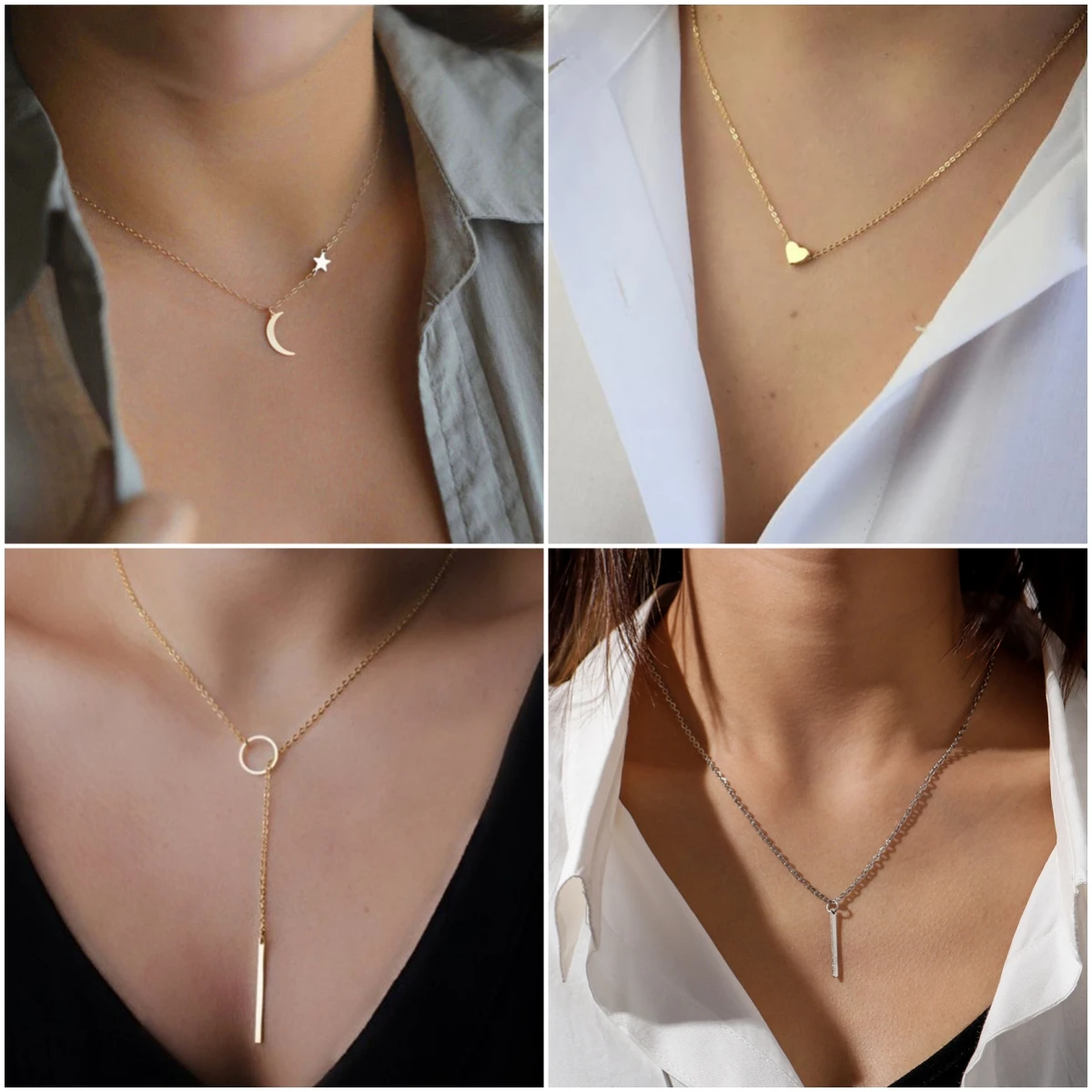 New Fashion Golden Color Moon Star Heart Pendant Necklaces Crescent Pendant Chokers Necklaces For Women Round Circle Jewelry