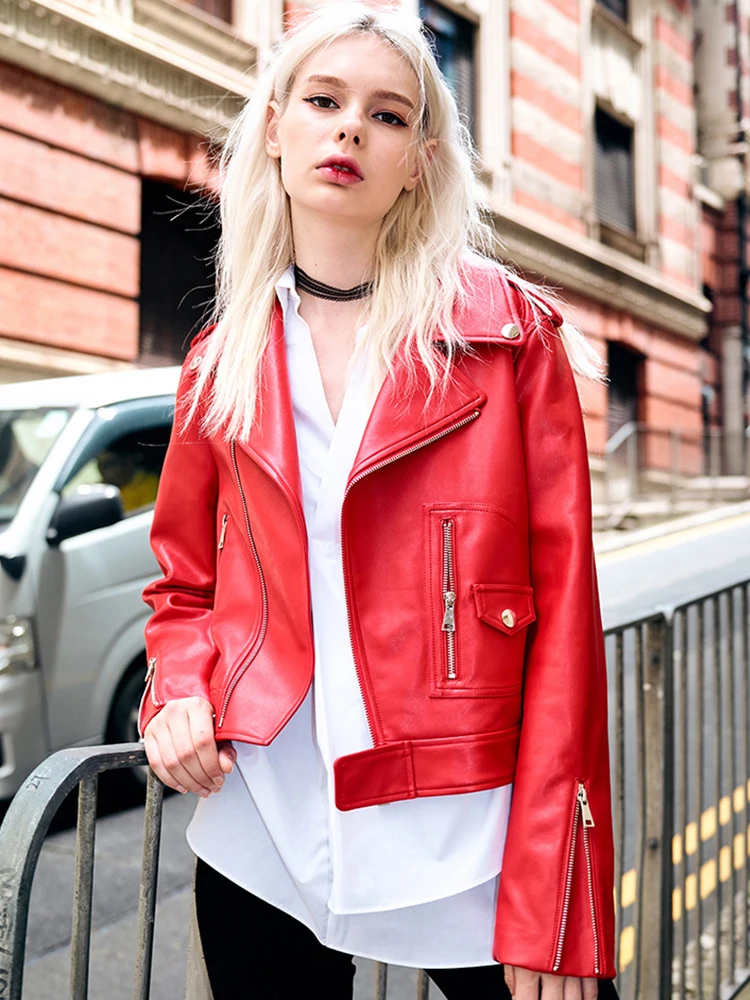 Fitaylor jesienno-zimowy damski płaszcz ze sztucznej skóry PU w stylu casual, damska czerwona kurtka motocyklowa Vintage z klapami krótka kurtka motocyklowa