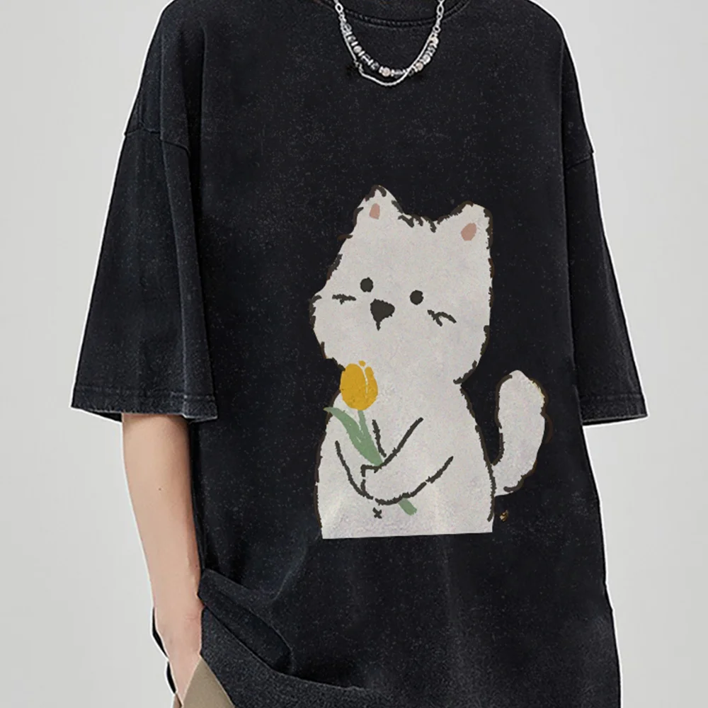 

Футболка с рисунком Y2K, очаровательный кот с желтым цветочным принтом, причудливая, очаровательная, мягкая ткань для восхитительных повседневных стилей