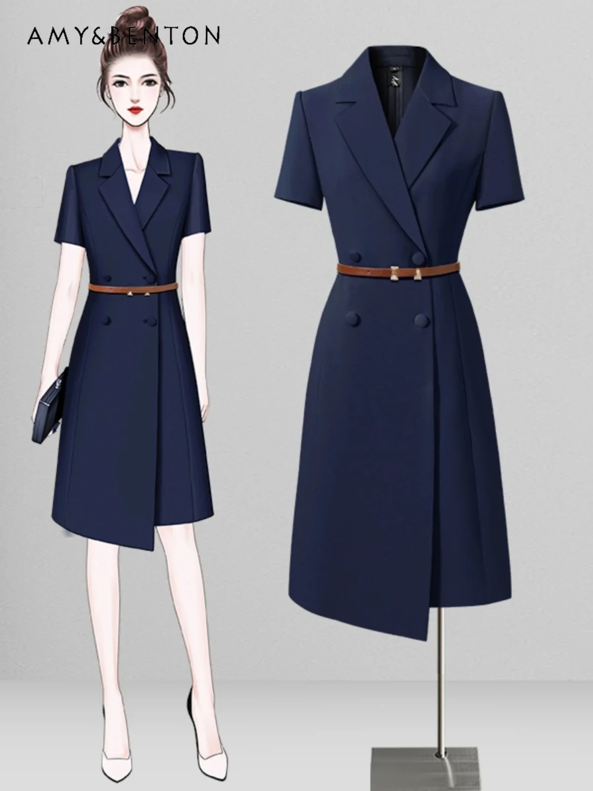 Commute Style Double Breasted Business Suit Dress Temperament Slim Work Clothes High Sense Pure Color Short Sleeve A-line Dress