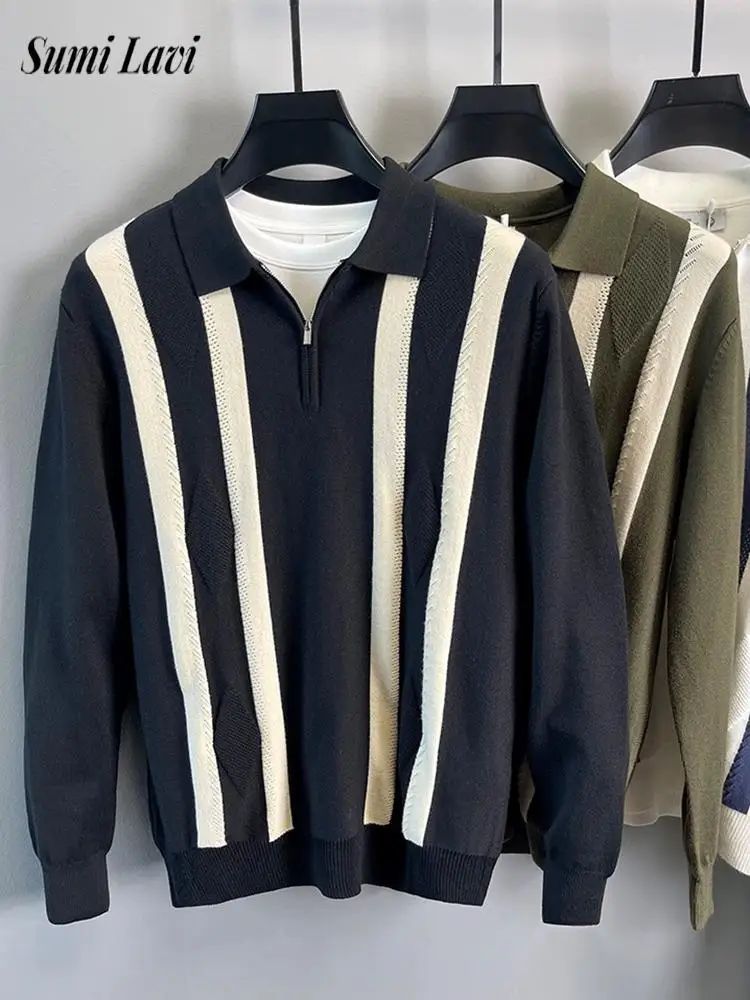 

Модный мужской вязаный свитер-поло 2026: весенне-осенний повседневный пуловер на молнии с длинным рукавом для активного отдыха, винтажный вязаный свитер для мужчин
