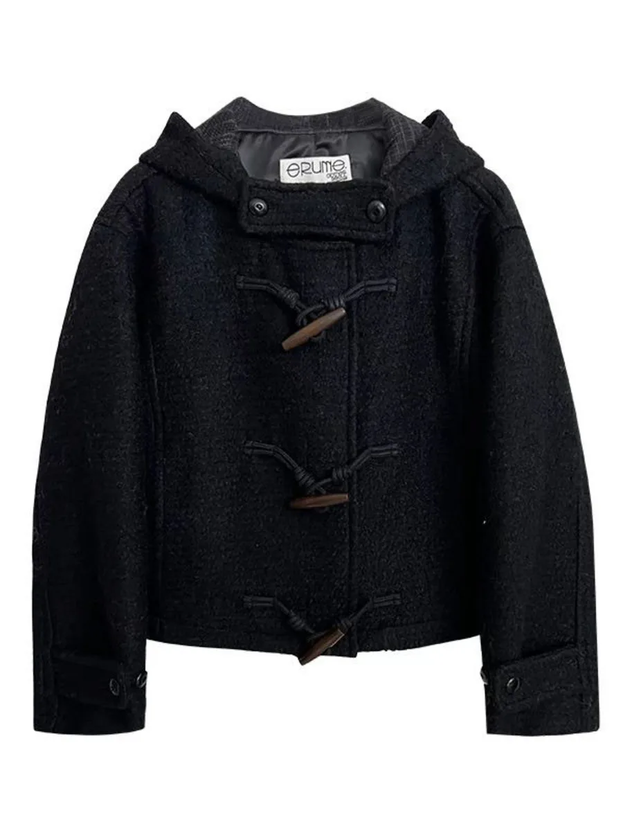 

Trendy Hooded Cow Horn Button Wool Cropped Hooded Coat Vintage Women Chic Autumn Long Sleeve Jacket Outerwears
