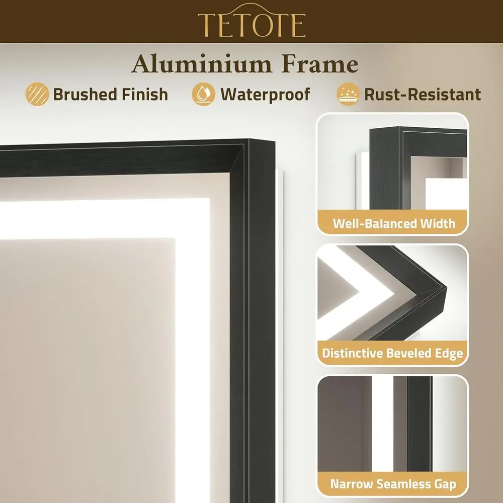 Miroir de courtoisie LED à cadre noir brossé antibuée 30 x 30 avec éclairage avant et arrière, 3 températures de couleur, salle de bain murale
