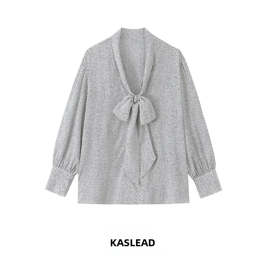 

KASLEAD Fashionable Polka Dot Bow Tie Shirt Women's Clothing Versatile Long Sleeve Polyester Fiber Skin-friendly Breathable